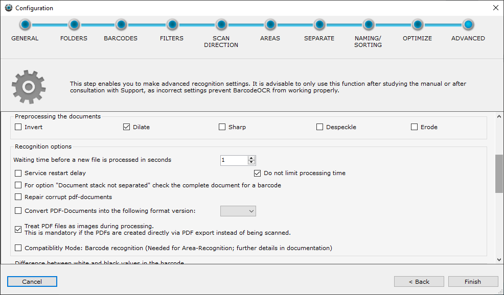 Preprocessing the documents and recognition options sections in the wizard