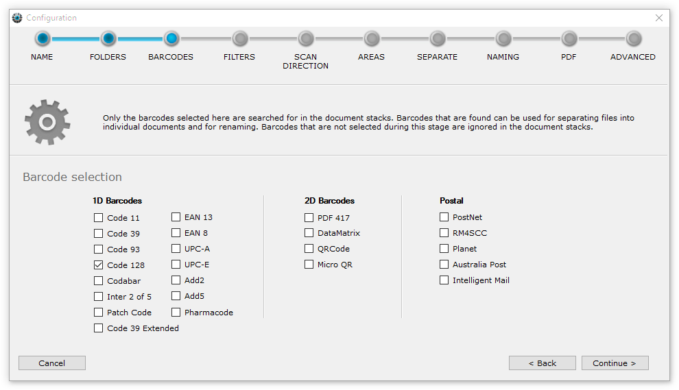 Barcode selection step in the configuration wizard with the 1D, 2D and postal barcodes