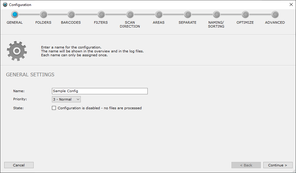 General step in the configuration wizard with the Name, Priority and State fields