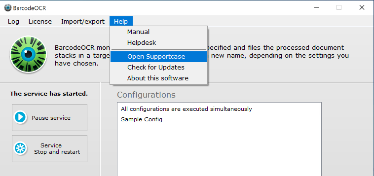 Help menu with the entry Open Supportcase