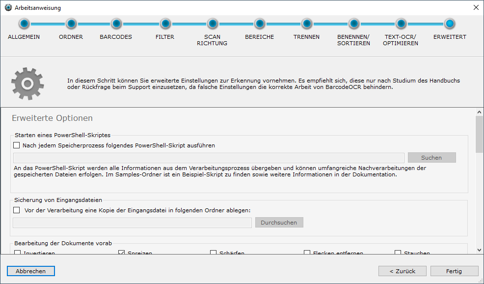 Schritt Erweitert im Assistenten mit PowerShell-Skript und Sicherung von Eingangsdateien
