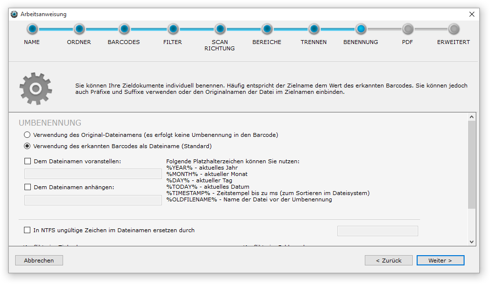 Schritt Benennen im Assistenten mit den Optionen für den Dateinamen