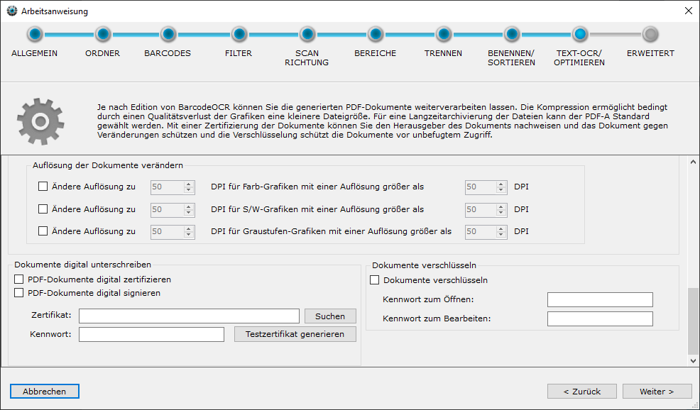 Abschnitte Auflösung verändern, Dokumente digital unterschreiben und Dokumente verschlüsseln im Assistenten