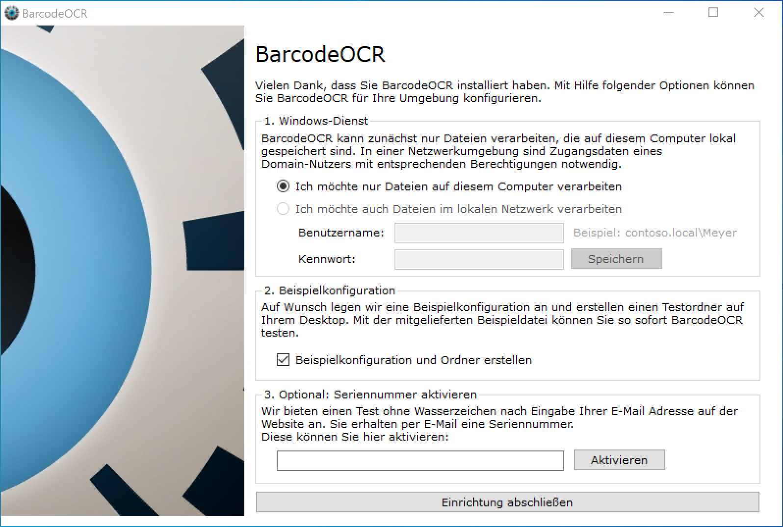 Fenster beim ersten Start mit den Abschnitten Windows-Dienst, Beispielkonfiguration und Seriennummer aktivieren