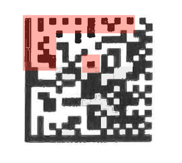 Derselbe Barcode, die dunkleren und schärferen Bereiche sind rot markiert
